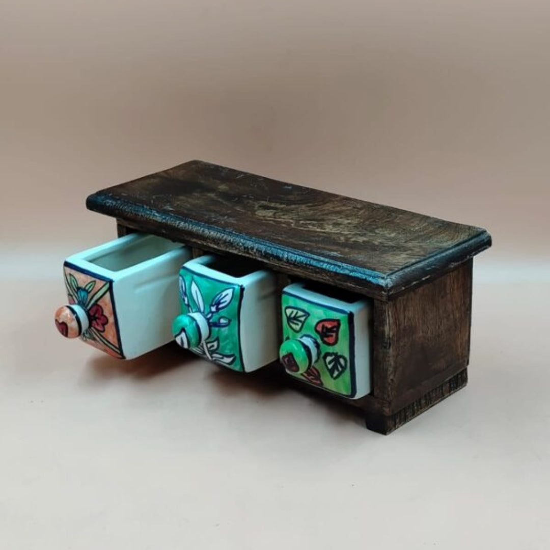 Wooden Mini Chest with 3 Ceramic Drawer