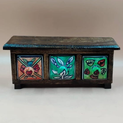 Wooden Mini Chest with 3 Ceramic Drawer
