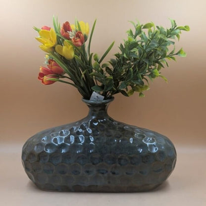 Flower Vase (19 cm) - Wide Oval Hammered Textured Charcoal Grey Vase