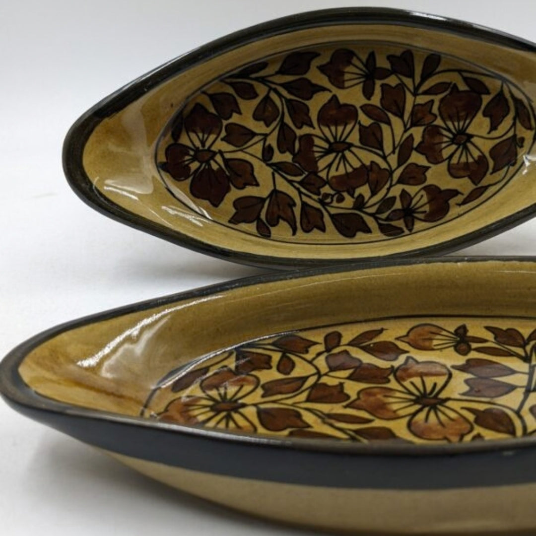 Platter Set of 2 - Boat Shaped Brown Floral Pattern