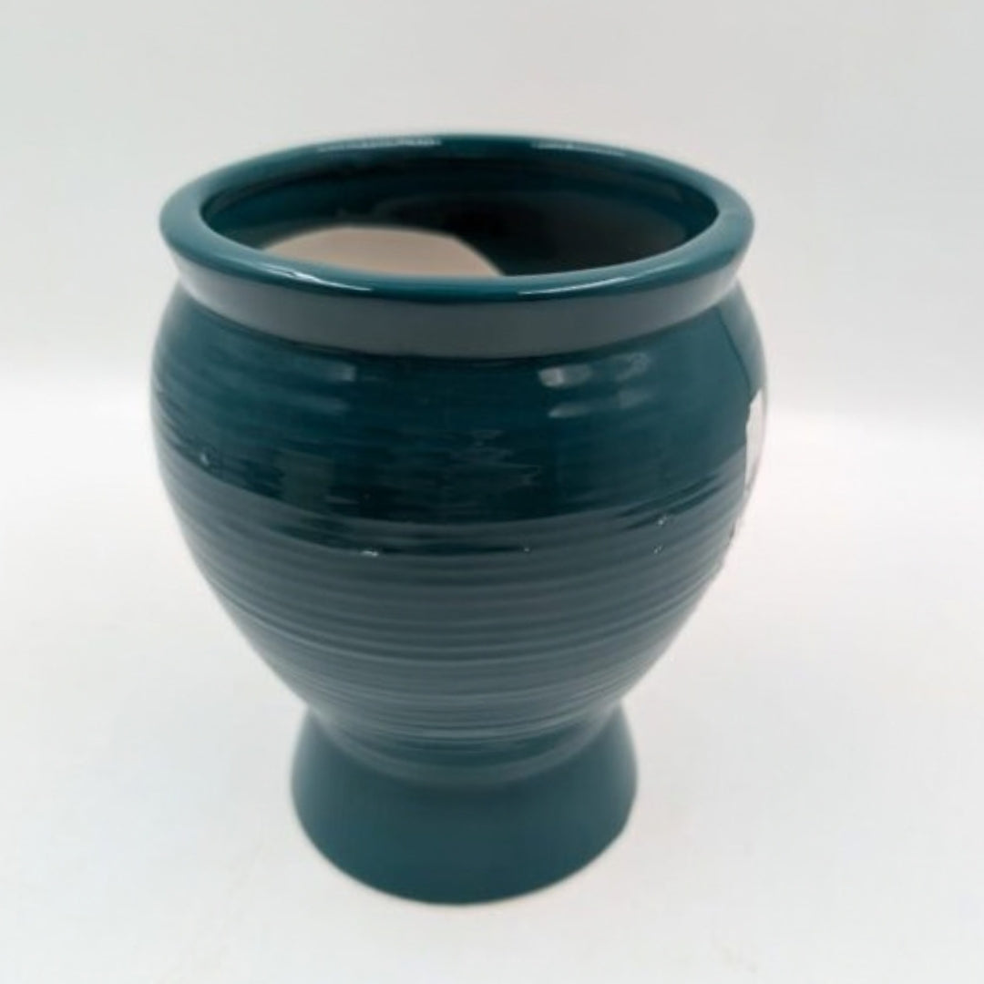 Planter - Deep Teal Green Ribbed Urn Pot, Pedestal Base