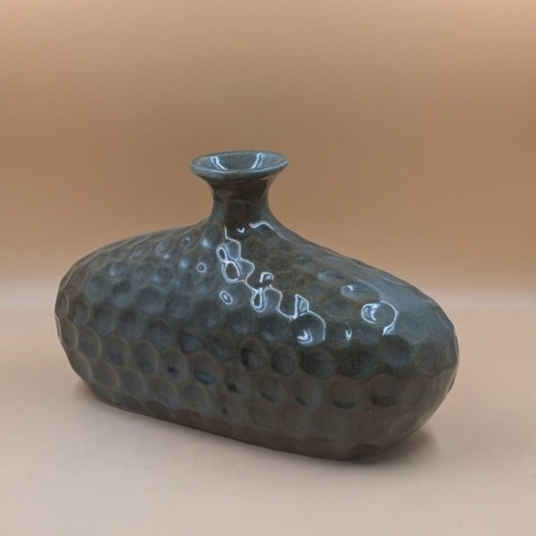 Flower Vase (19 cm) - Wide Oval Hammered Textured Charcoal Grey Vase