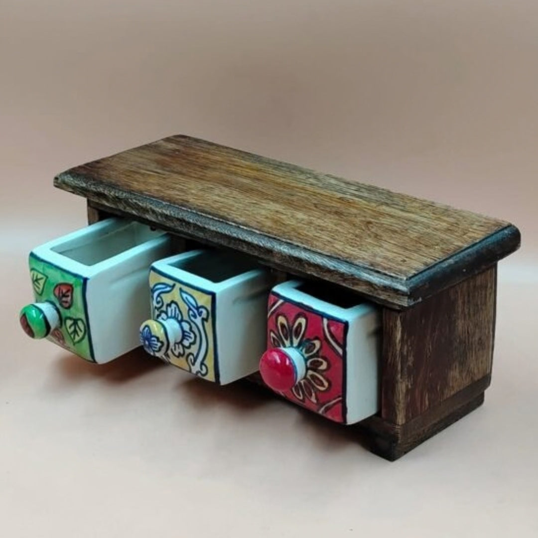 Wooden Mini Chest with 3 Ceramic Drawer