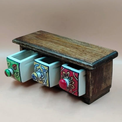 Wooden Mini Chest with 3 Ceramic Drawer