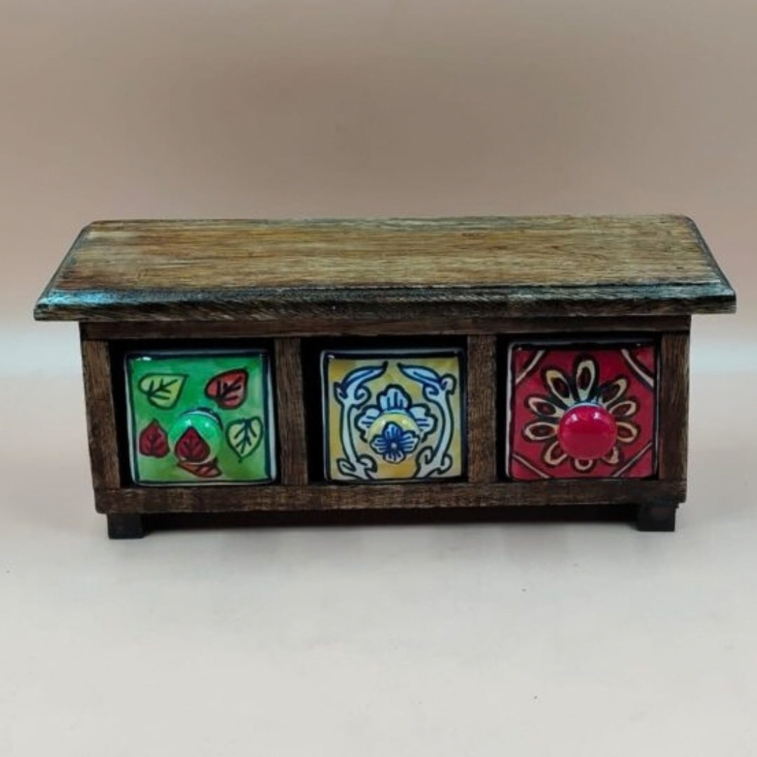 Wooden Mini Chest with 3 Ceramic Drawer