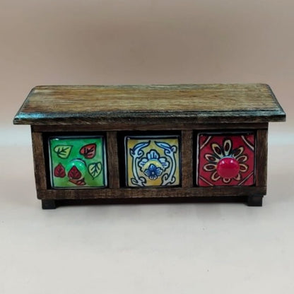 Wooden Mini Chest with 3 Ceramic Drawer