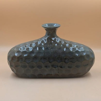 Flower Vase (19 cm) - Wide Oval Hammered Textured Charcoal Grey Vase