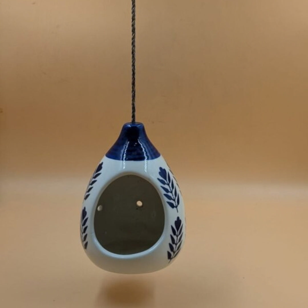 Hanging Bird Feeder / Nest (16 cm) - Blue & White Teardrop Bird House