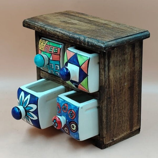 Wooden Mini Chest with 4 Ceramic Drawer