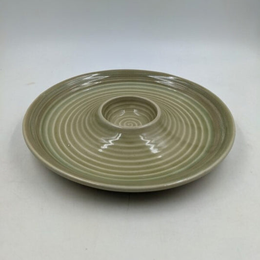 Platter - Chip & Dip Round Olive Green Spiral Pattern