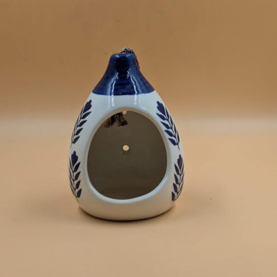 Hanging Bird Feeder / Nest (16 cm) - Blue & White Teardrop Bird House