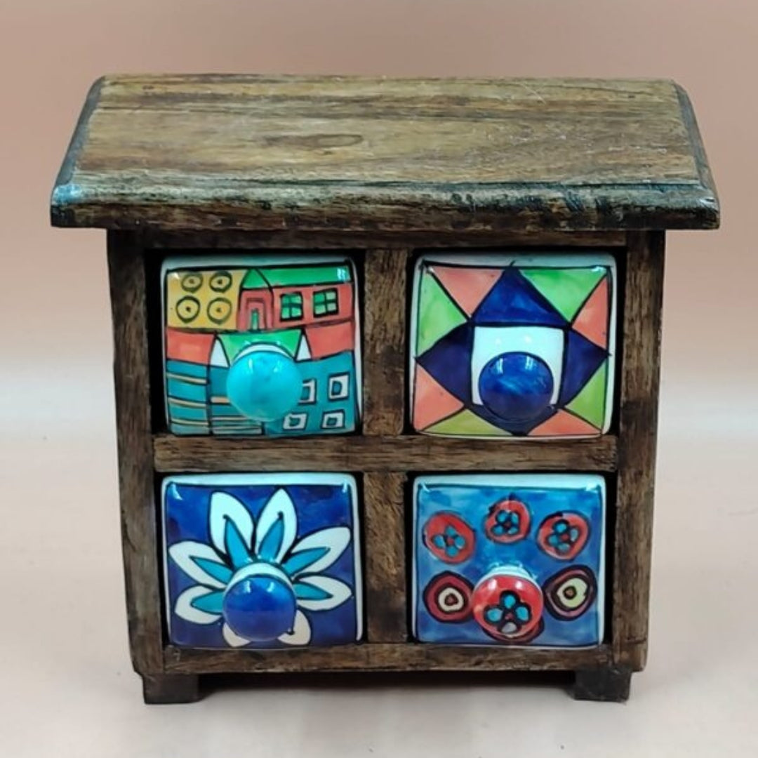 Wooden Mini Chest with 4 Ceramic Drawer