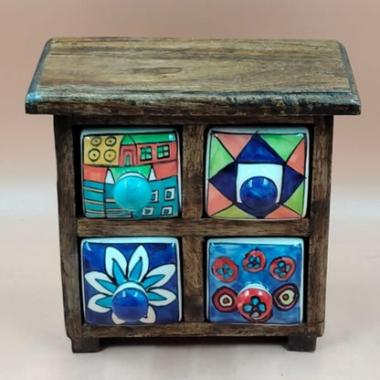 Wooden Mini Chest with 4 Ceramic Drawer