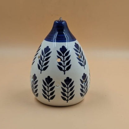Hanging Bird Feeder / Nest (16 cm) - Blue & White Teardrop Bird House