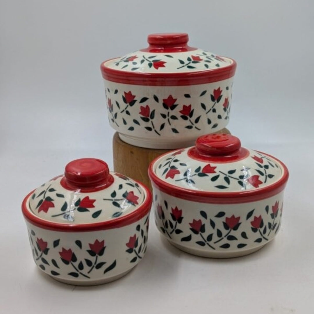 Casserole Serving Bowls with Lids - Red Floral Mughal Pottery