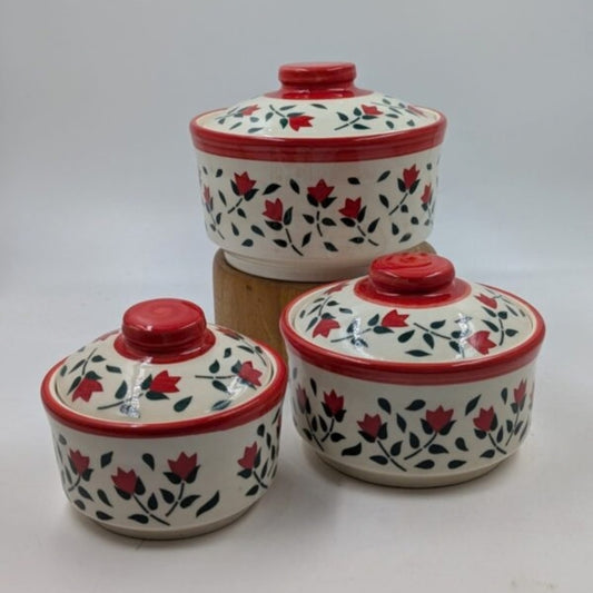 Casserole Serving Bowls with Lids - Red Floral Mughal Pottery