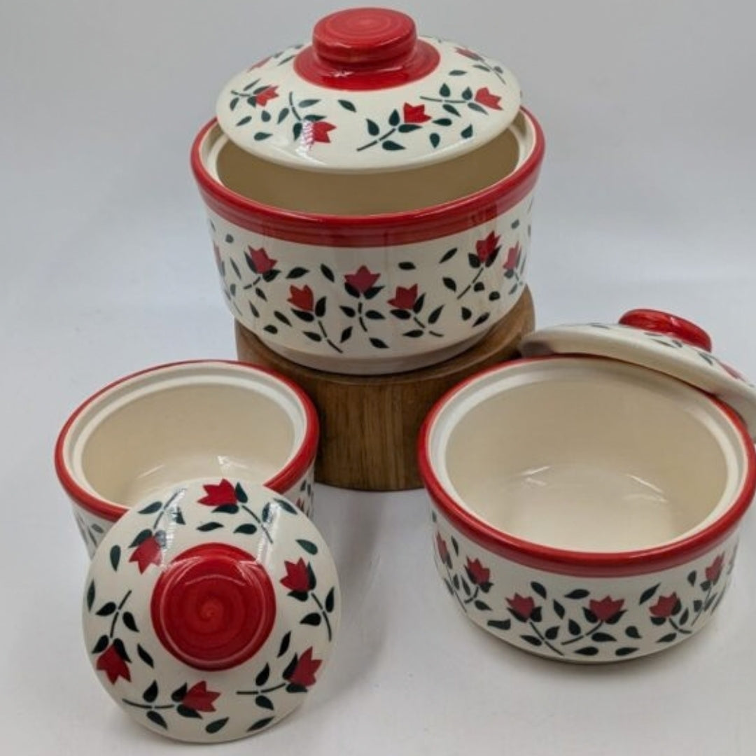 Casserole Serving Bowls with Lids - Red Floral Mughal Pottery