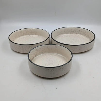 Ceramic Shallow Serving Platter Set - Speckled Off-White with Black Rim