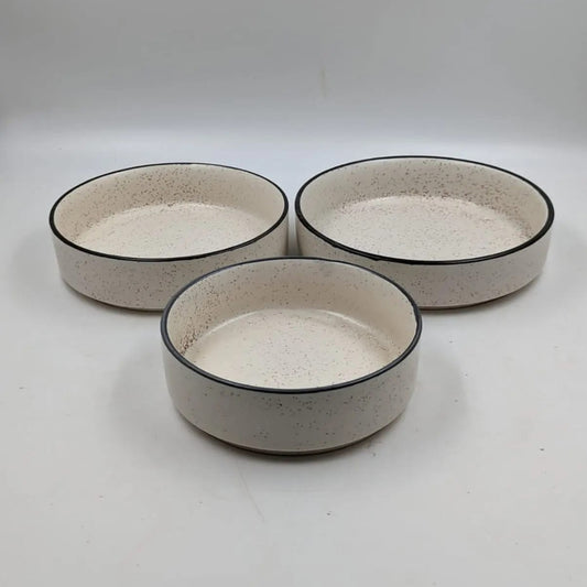 Ceramic Shallow Serving Platter Set - Speckled Off-White with Black Rim