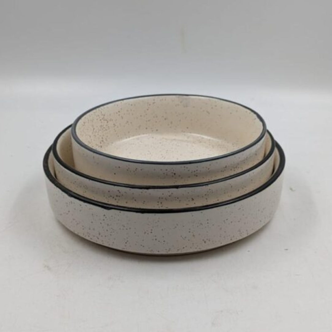 Ceramic Shallow Serving Platter Set - Speckled Off-White with Black Rim