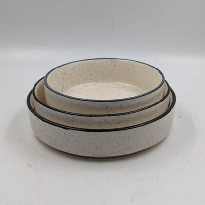 Ceramic Shallow Serving Platter Set - Speckled Off-White with Black Rim