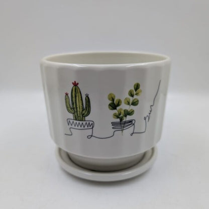 Planter with Attached Saucer - White Cactus & Succulent Line Art Pot