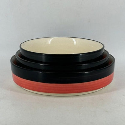 Ceramic Shallow Serving Platter Set - Dual Tone Red & Black Striped