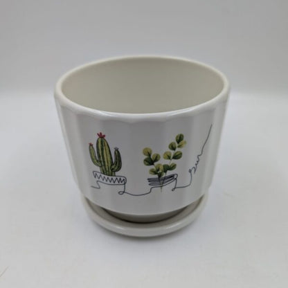 Planter with Attached Saucer - White Cactus & Succulent Line Art Pot