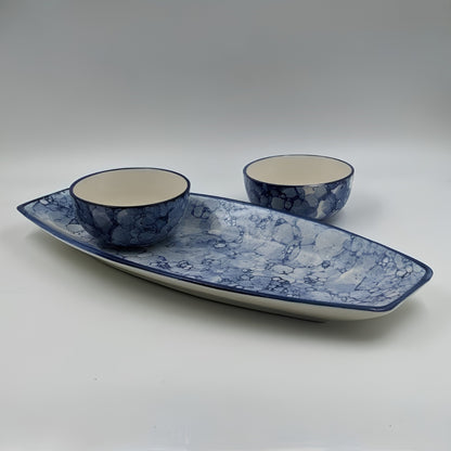 Platter Set with 2 Dip Bowls - Long Blue Bubble Pattern