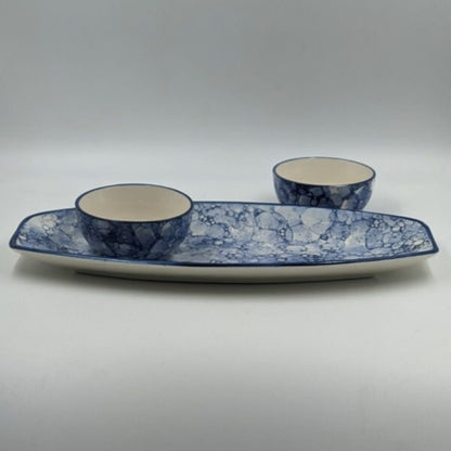 Platter Set with 2 Dip Bowls - Long Blue Bubble Pattern