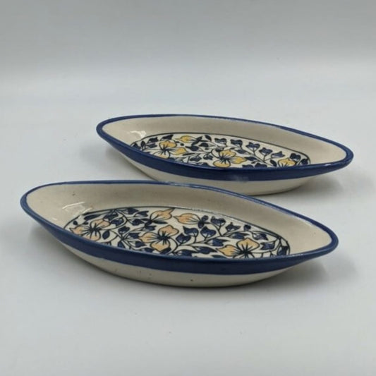Platter Set of 2 - Boat Shaped Blue & Yellow Floral Pattern