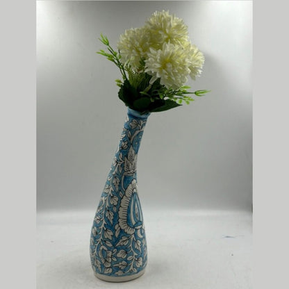Flower Vase - Slender Neck Sky Blue Floral Pottery