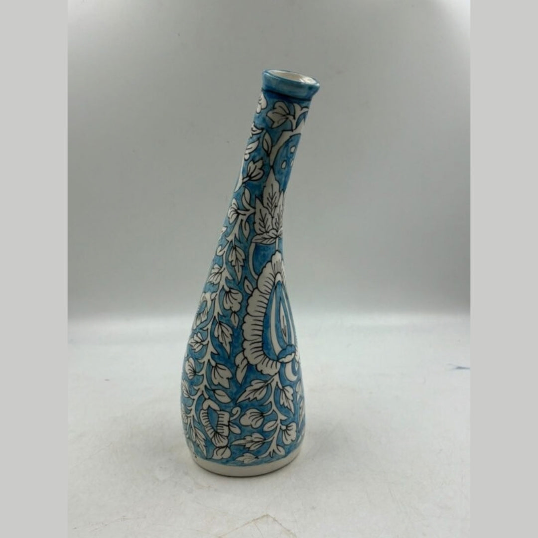 Flower Vase - Slender Neck Sky Blue Floral Pottery