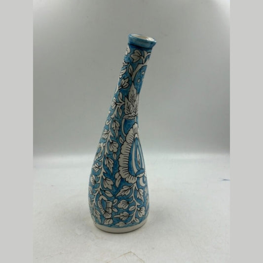 Flower Vase - Slender Neck Sky Blue Floral Pottery