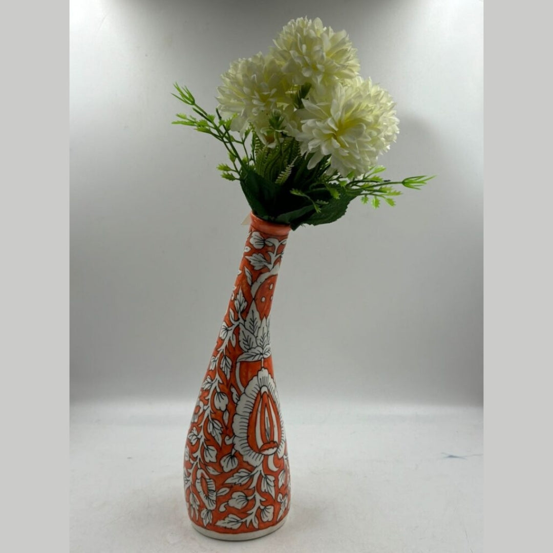 Flower Vase - Slender Neck Rust Orange Floral Pottery