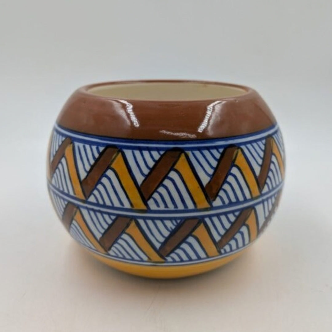 Planter - Earthy Brown & Geometric Chevron Round Globe Bowl Pot