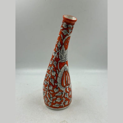 Flower Vase - Slender Neck Rust Orange Floral Pottery