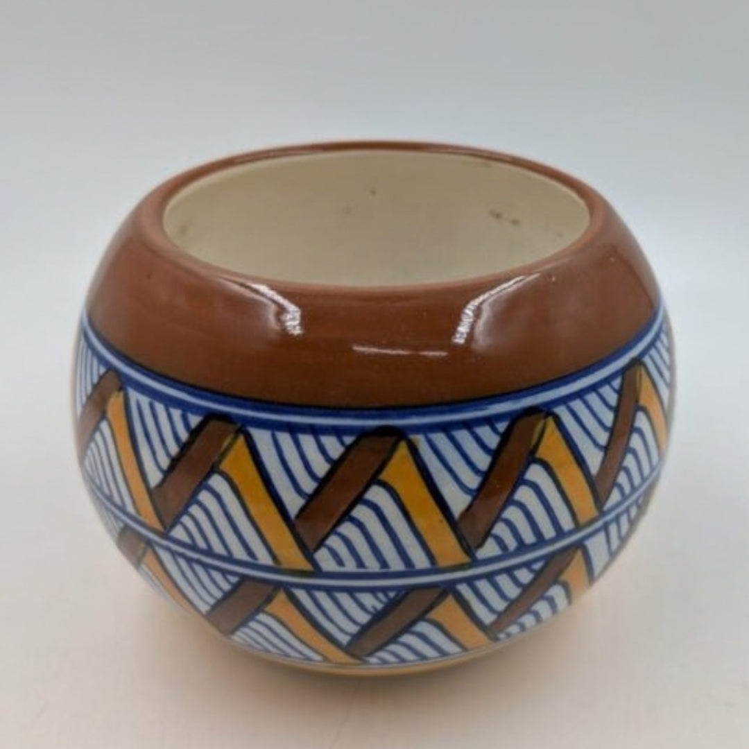Planter - Earthy Brown & Geometric Chevron Round Globe Bowl Pot