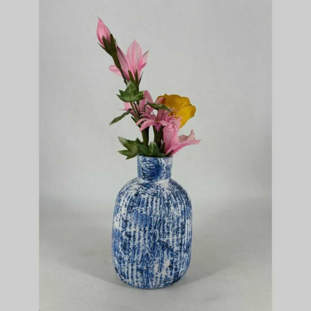 Flower Vase - Rustic Textured Blue & White Spatter Glaze