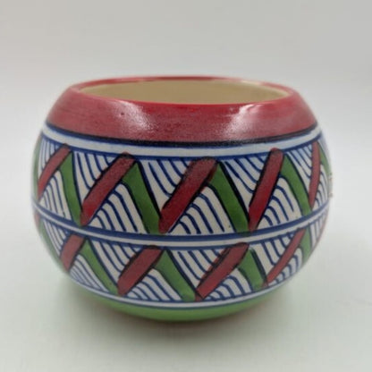 Planter - Crimson Red & Green Geometric Chevron Round Globe Bowl Pot