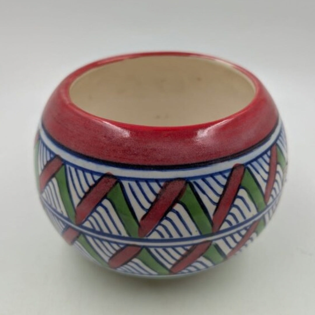 Planter - Crimson Red & Green Geometric Chevron Round Globe Bowl Pot