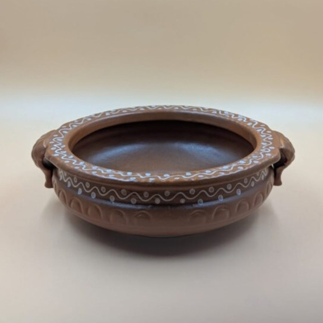Ceramic Urali Pot - Earthy Terracotta Brown Handpainted Decorative Bowl with Side Handles