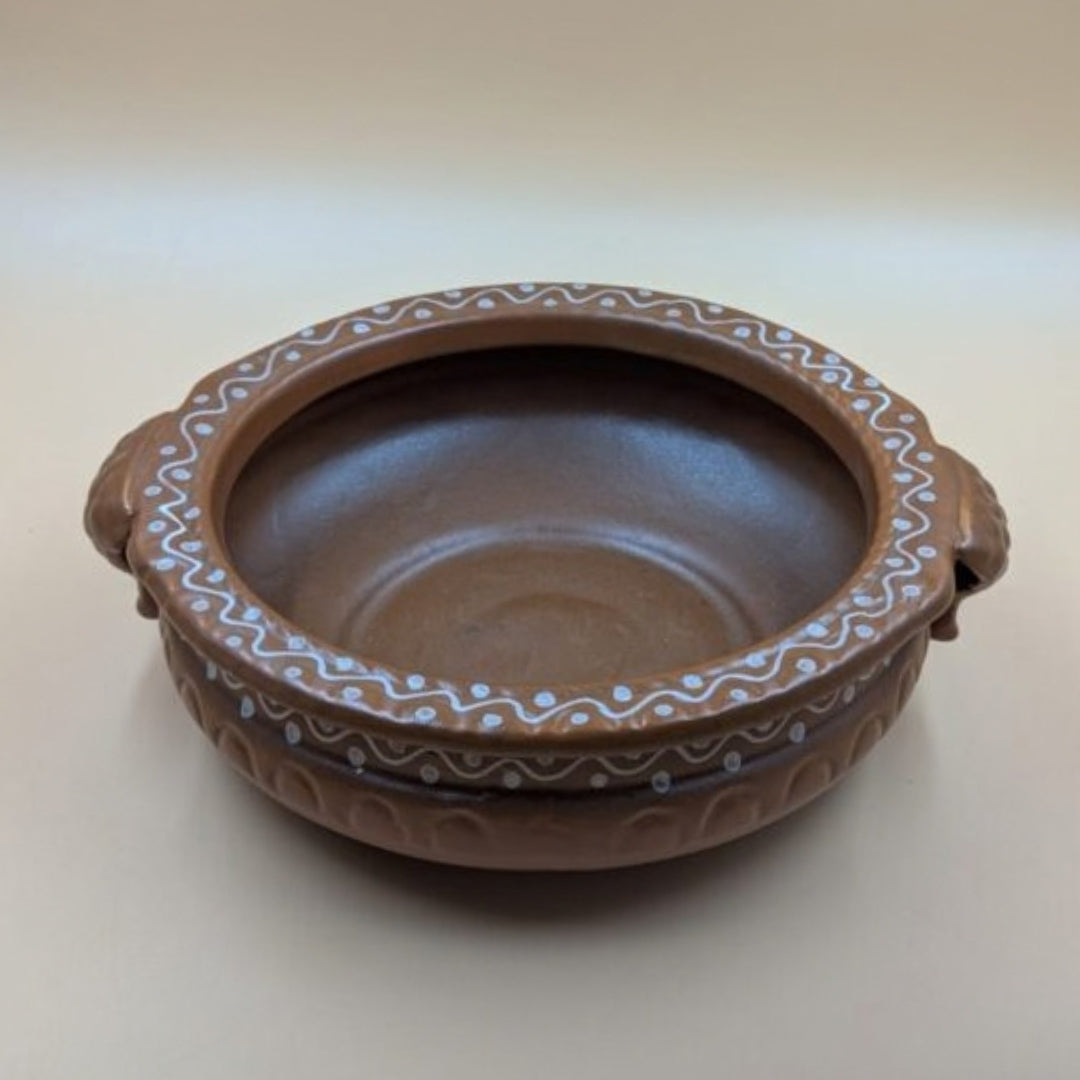 Ceramic Urali Pot - Earthy Terracotta Brown Handpainted Decorative Bowl with Side Handles