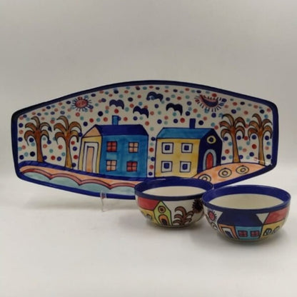 Platter Set with 2 Dip Bowls - Hand Painted Hut Design
