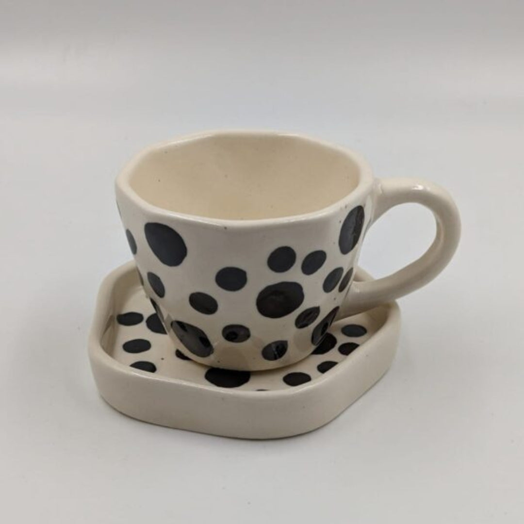 Handmade Ceramic Cup & Plate Set - Black Polka Dot