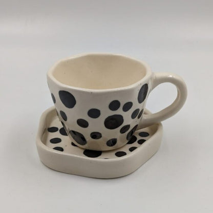 Handmade Ceramic Cup & Plate Set - Black Polka Dot