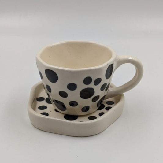 Handmade Ceramic Cup & Plate Set - Black Polka Dot