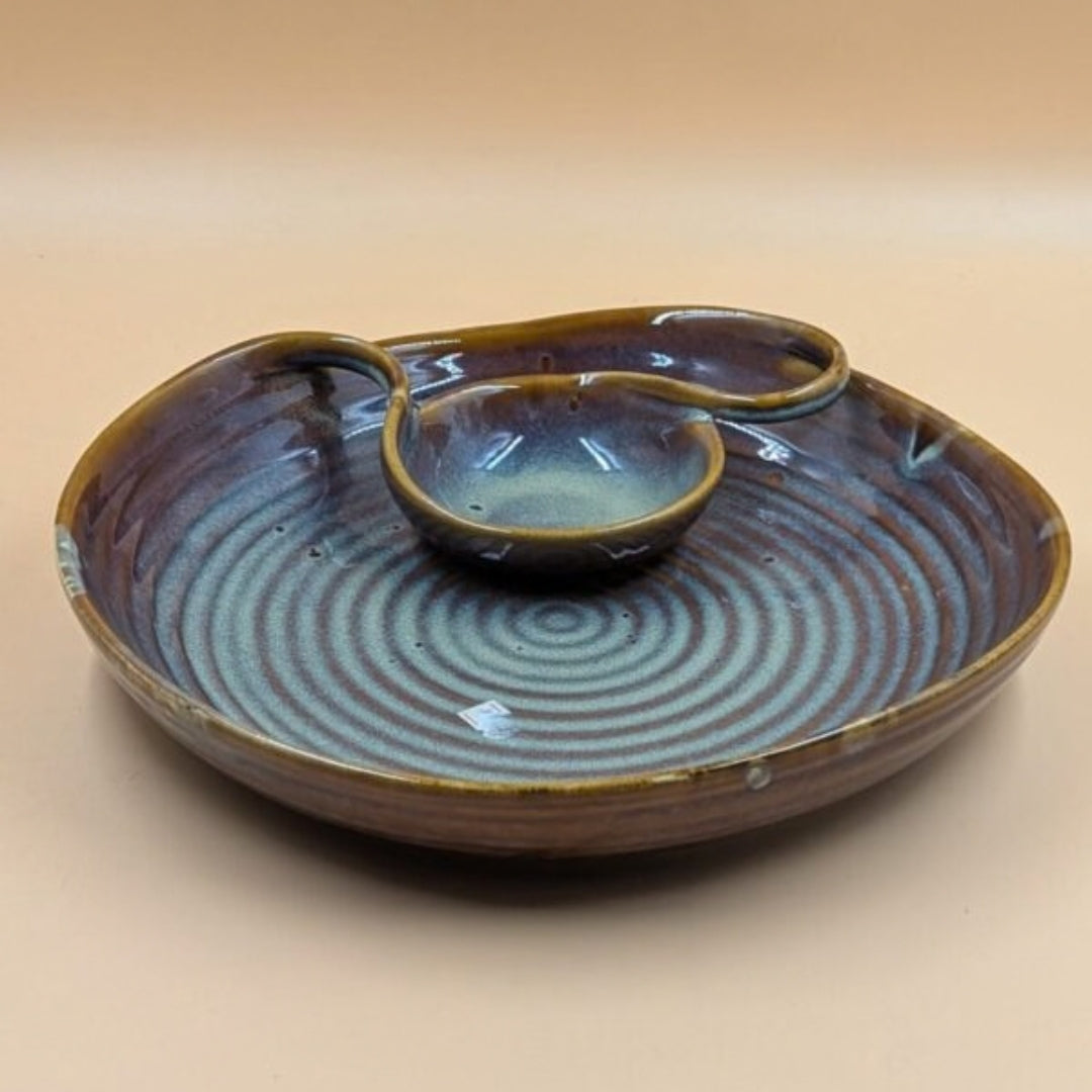 Platter with Built-in Dip Bowl - Brown & Blue Swirl Design