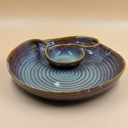 Platter with Built-in Dip Bowl - Brown & Blue Swirl Design