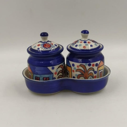 Condiments Set - 1 Tray & 2 Jars, Vibrant Village Scene